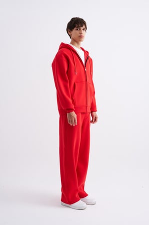 Erkek Oversize Fermuarlı Cepli Kapüşonlu Basic Sweatshirt Kırmızı