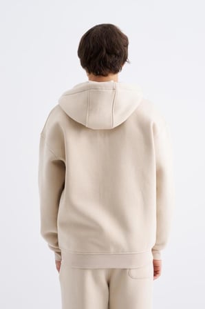 Erkek Oversize Fermuarlı Cepli Kapüşonlu Basic Sweatshirt Açık Bej