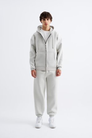 Erkek Oversize Fermuarlı Cepli Kapüşonlu Basic Sweatshirt Uzay Grisi