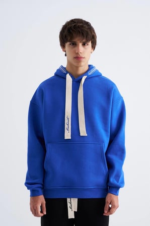 Erkek Nakış Detaylı Kapüşonlu Sweatshirt Açık Mavi
