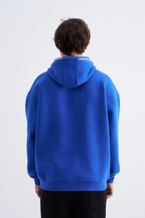 Erkek Nakış Detaylı Kapüşonlu Sweatshirt Açık Mavi