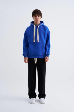 Erkek Nakış Detaylı Kapüşonlu Sweatshirt Açık Mavi
