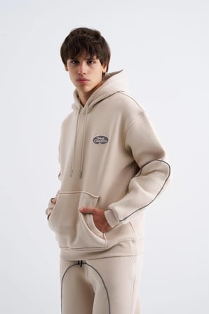 Erkek Reflektör Detaylı Kapüşonlu Sweatshirt Açık Gri