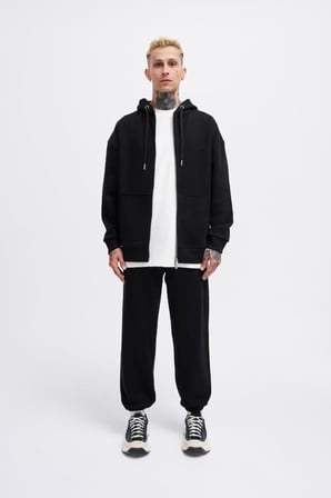 Erkek Basic Diagonal Fermuarlı Kapüşonlu Sweatshirt Siyah