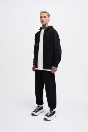 Erkek Basic Diagonal Fermuarlı Kapüşonlu Sweatshirt Siyah