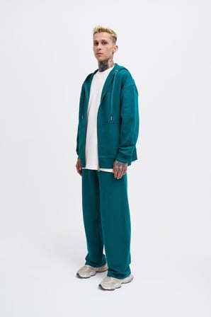 Erkek Basic Diagonal Fermuarlı Kapüşonlu Sweatshirt Yağ Yeşili