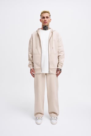 Erkek Basic Diagonal Fermuarlı Kapüşonlu Sweatshirt Açık Bej