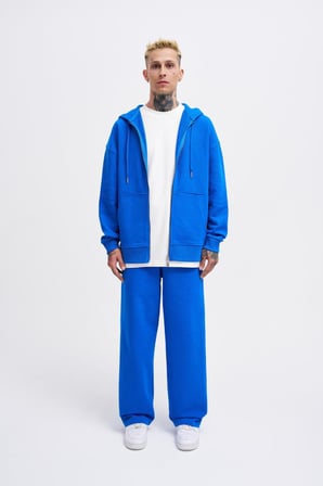 Erkek Basic Diagonal Fermuarlı Kapüşonlu Sweatshirt Açık Mavi