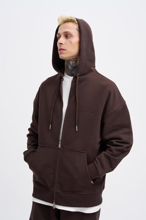 Erkek Basic Diagonal Fermuarlı Kapüşonlu Sweatshirt Koyu Kahverengi