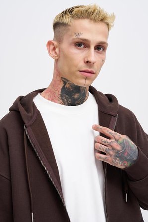Erkek Basic Diagonal Fermuarlı Kapüşonlu Sweatshirt Koyu Kahverengi