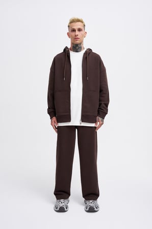 Erkek Basic Diagonal Fermuarlı Kapüşonlu Sweatshirt Koyu Kahverengi