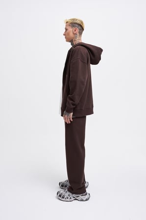 Erkek Basic Diagonal Fermuarlı Kapüşonlu Sweatshirt Koyu Kahverengi