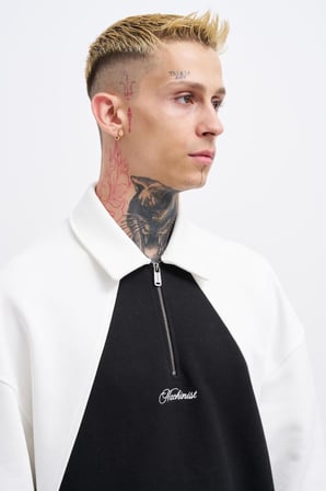 Erkek İşleme Detaylı Polo Sweatshirt Siyah-Ekru