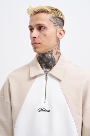 Erkek İşleme Detaylı Polo Sweatshirt Ekru-Açık Bej