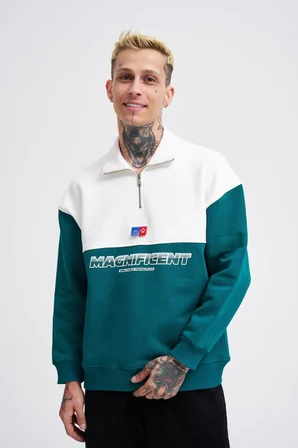 Erkek Yoke Detail Sweatshirt Yağ Yeşili-Ekru