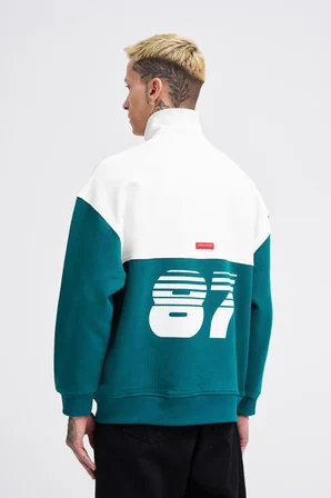 Erkek Yoke Detail Sweatshirt Yağ Yeşili-Ekru