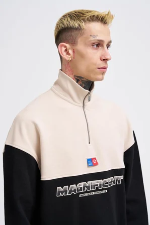 Erkek Yoke Detail Sweatshirt Siyah-Açık Bej