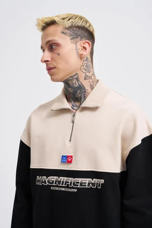 Erkek Yoke Detail Sweatshirt Siyah-Açık Bej
