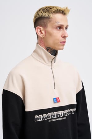Erkek Yoke Detail Sweatshirt Siyah-Açık Bej