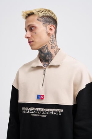 Erkek Yoke Detail Sweatshirt Siyah-Açık Bej