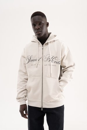 Erkek Social Mode Baskılı Fermuarlı Kapüşonlu Sweatshirt Uzay Grisi