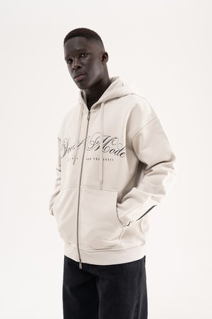 Erkek Social Mode Baskılı Fermuarlı Kapüşonlu Sweatshirt Uzay Grisi