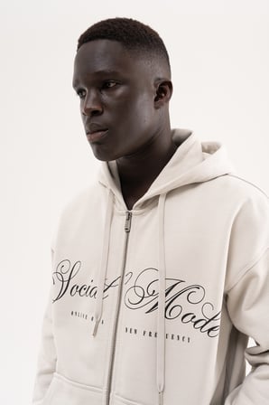Erkek Social Mode Baskılı Fermuarlı Kapüşonlu Sweatshirt Uzay Grisi