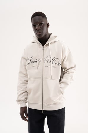 Erkek Social Mode Baskılı Fermuarlı Kapüşonlu Sweatshirt Uzay Grisi