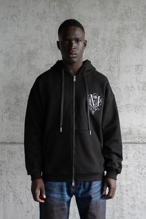 Erkek Nakışlı Fermuarlı Kapüşonlu Sweatshirt Siyah