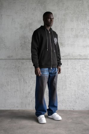 Erkek Nakışlı Fermuarlı Kapüşonlu Sweatshirt Siyah
