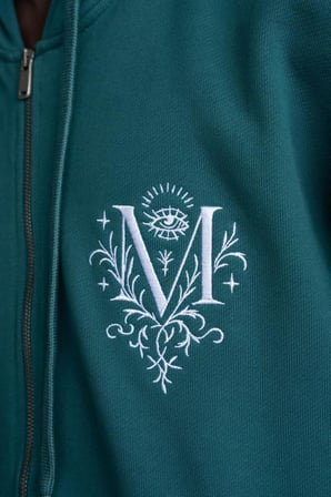 Erkek Nakışlı Fermuarlı Kapüşonlu Sweatshirt Yağ Yeşili