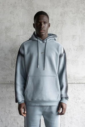 Erkek Hand Made Sprey Efektli Şardonlu Kapüşonlu Sweatshirt Mavi Duman