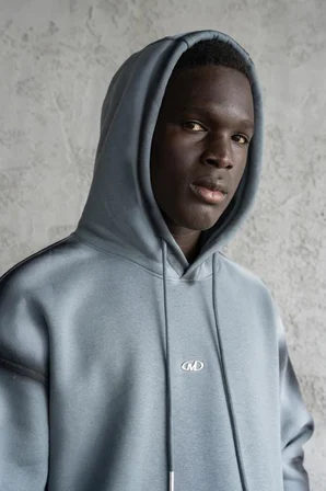 Erkek Hand Made Sprey Efektli Şardonlu Kapüşonlu Sweatshirt Mavi Duman