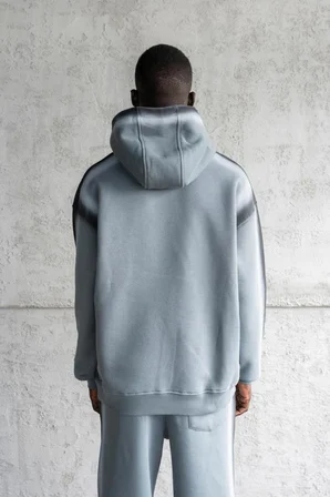 Erkek Hand Made Sprey Efektli Şardonlu Kapüşonlu Sweatshirt Mavi Duman