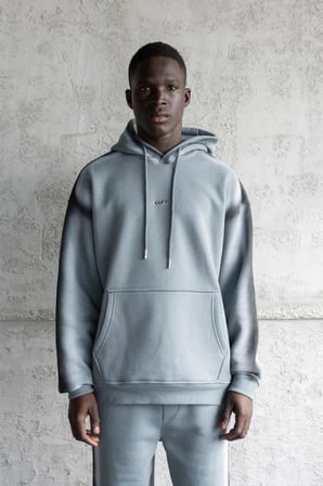 Erkek Hand Made Sprey Efektli Şardonlu Kapüşonlu Sweatshirt Mavi Duman