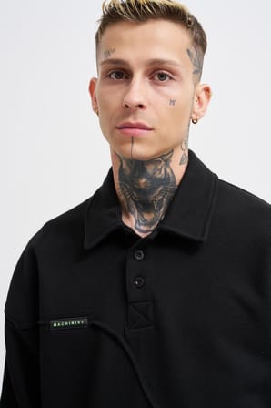 Erkek Distressed Stitch Polo Sweatshirt Siyah