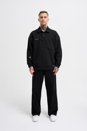 Erkek Distressed Stitch Polo Sweatshirt Siyah