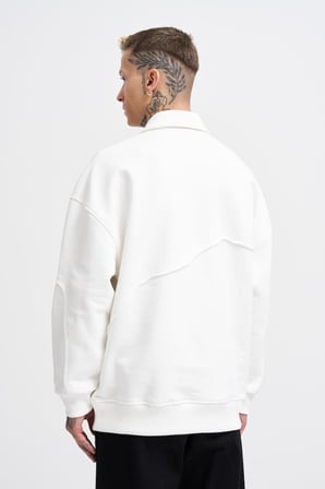 Erkek Distressed Stitch Polo Sweatshirt Ekru
