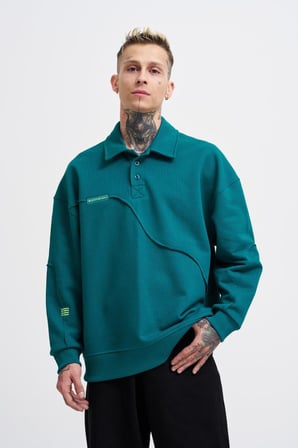 Erkek Distressed Stitch Polo Sweatshirt Yağ Yeşili
