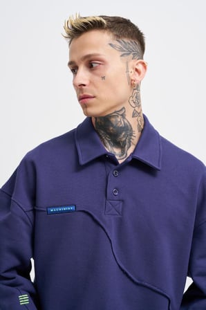 Erkek Distressed Stitch Polo Sweatshirt Gece Mavisi