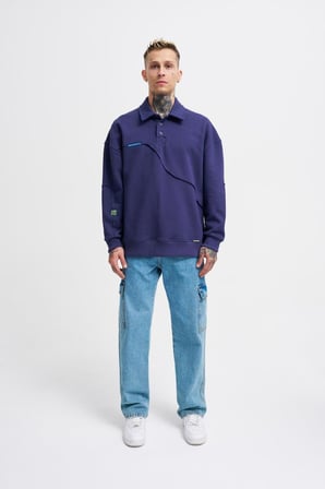 Erkek Distressed Stitch Polo Sweatshirt Gece Mavisi