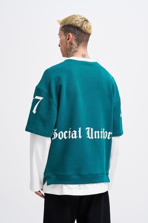 Erkek Contrast Layerd Sweatshirt Yağ Yeşili-Ekru