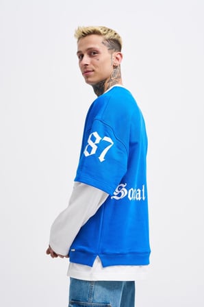 Erkek Contrast Layerd Sweatshirt Açık Mavi-Ekru