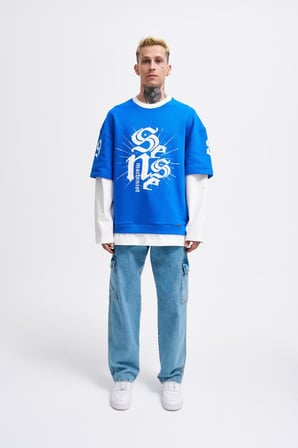 Erkek Contrast Layerd Sweatshirt Açık Mavi-Ekru