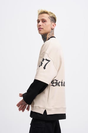 Erkek Contrast Layerd Sweatshirt Açık Bej-Siyah