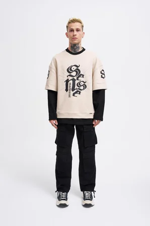 Erkek Contrast Layerd Sweatshirt Açık Bej-Siyah