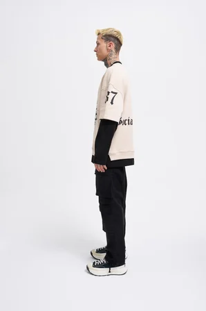 Erkek Contrast Layerd Sweatshirt Açık Bej-Siyah