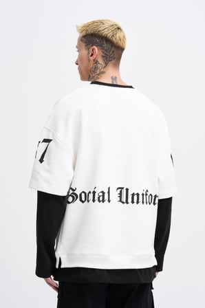 Erkek Contrast Layerd Sweatshirt Ekru-Siyah