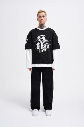 Erkek Contrast Layerd Sweatshirt Siyah-Ekru