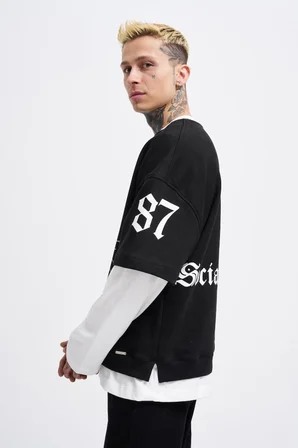 Erkek Contrast Layerd Sweatshirt Siyah-Ekru